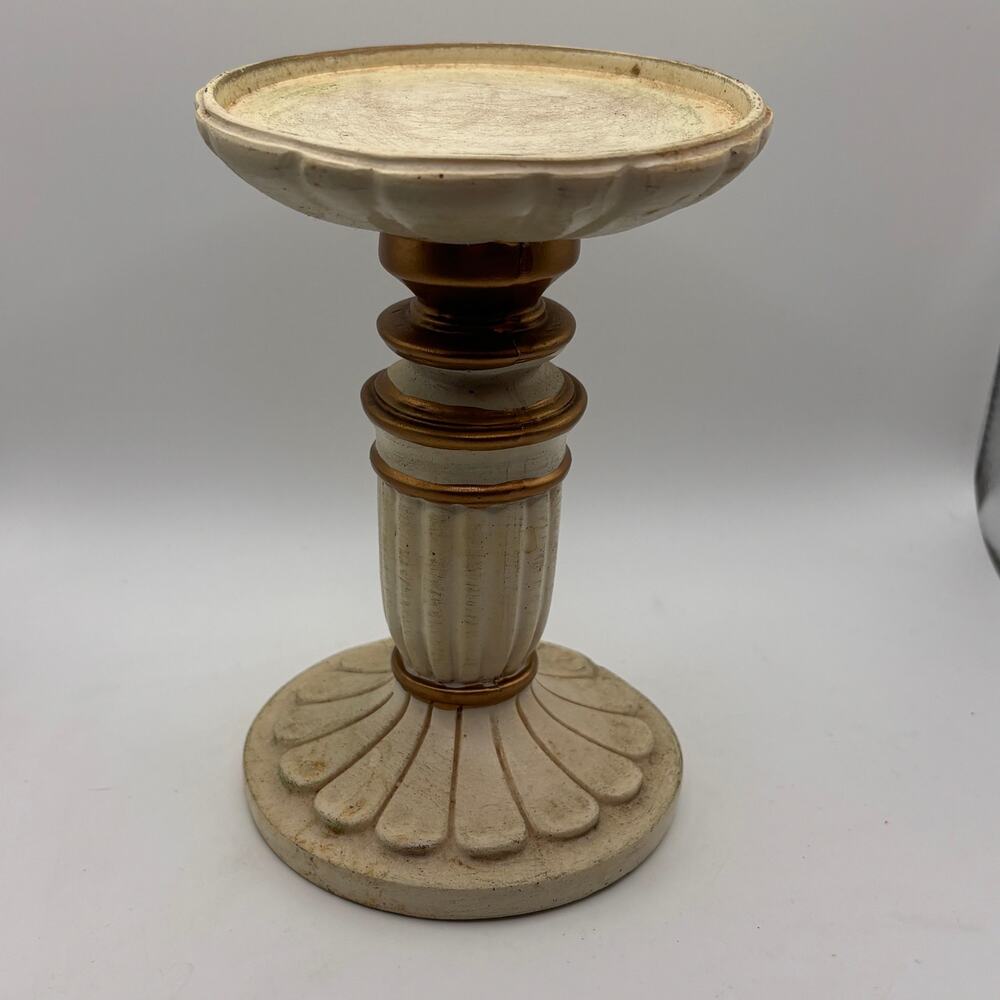 Cream and gold colored pillar candle pedestal French cottagecore VTG distressed - Picture 3 of 7